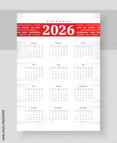 2026 year calendar vector design. Week starts Sunday daily planner template with 12 months.