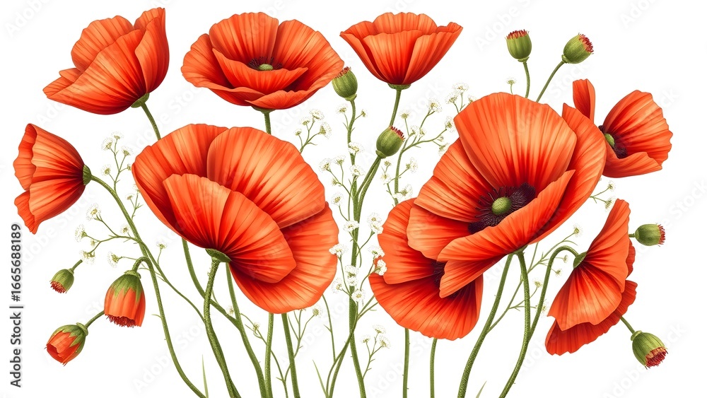 Obraz premium Vintage botanical illustration: red poppy & baby's breath flowers, spiral arrangement, autumn tones, isolated on white, high resolution.