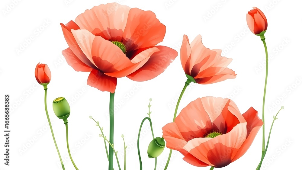 Obraz premium A delicate watercolor depiction of red poppies with green stems, rendered in a realistic botanical art style and isolated on white.