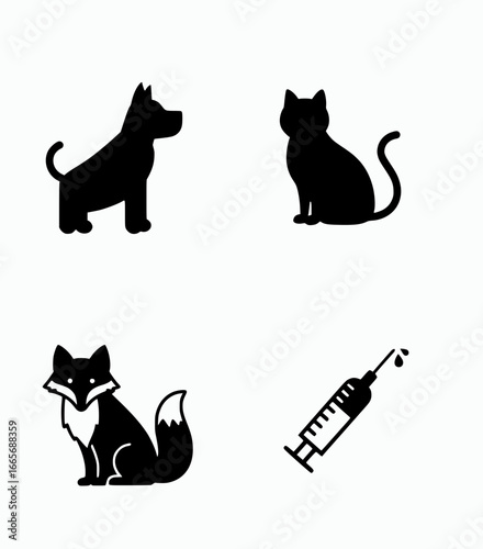 Flat vector icon set of dog, cat, fox silhouettes and vaccine syringe, World Rabies Day awareness illustration