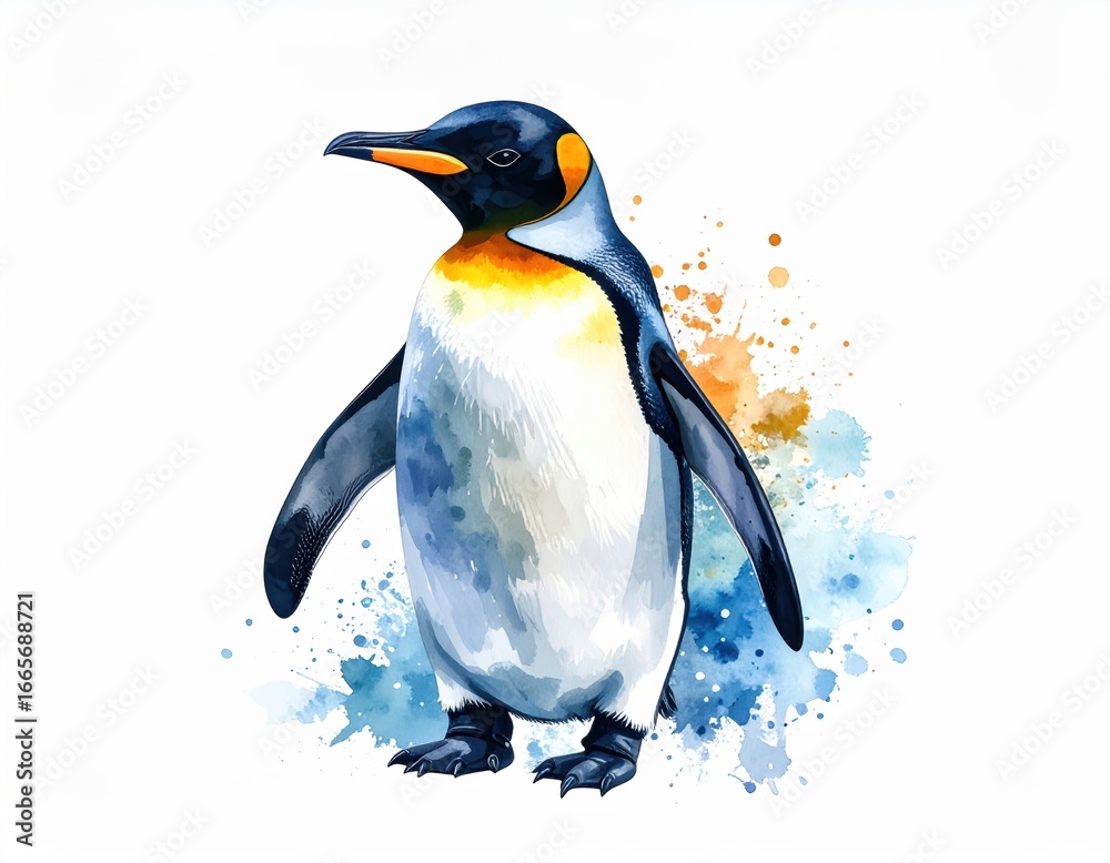 Naklejka premium Elegant Watercolor Penguin Illustration with Vibrant Splashes of Color