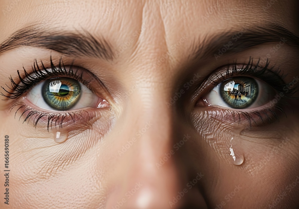 Naklejka premium Close-up of sad woman's eyes with tears