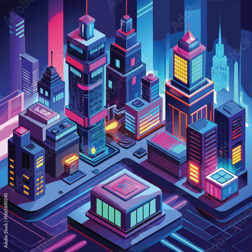 Isometric Futuristic Cityscape with Neon Lights and Geometric Buildings Illustration