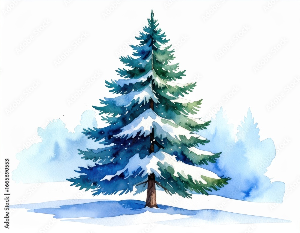 Fototapeta premium Watercolor Snowy Pine Tree Illustration in Winter Landscape Scene Artistic