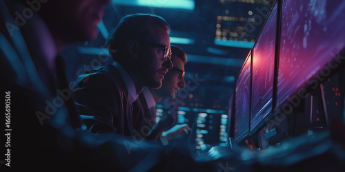 Men working at computers in a dark room with multiple screens displaying data