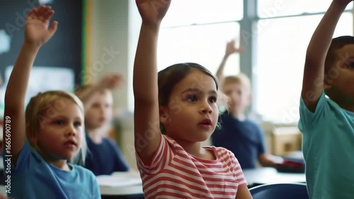 Enthusiastic students raising hands in diverse elementary school classroom, eager to answer teacher's question during active learning session