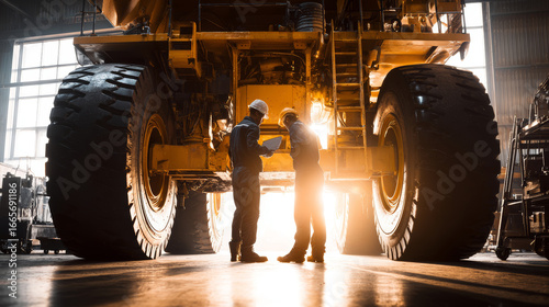 Two engineers in safety gear inspect large yellow mining truck inside sunlit industrial warehouse, discussing work confidently