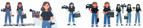 Female Videographer and Movie Director Vector – Woman with Camera, Clapperboard, and Film Equipment in Flat Illustration