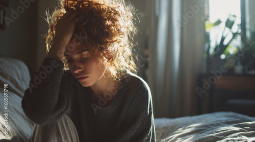 Sad woman sitting on bed with hand on head, curly hair, wearing sweater, morning sunlight through window, feeling stressed and tired
