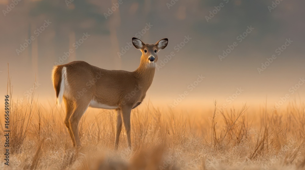 Fototapeta premium A single deer stands amidst golden grasses in a tranquil dawn scene.