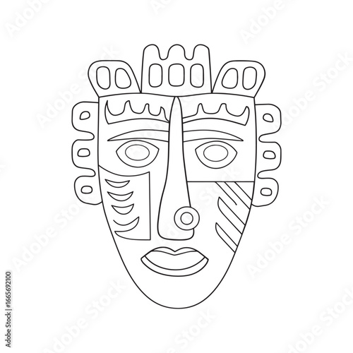 Modern abstract face mask illustration in a geometric cubist style. Black and white ethnic tribal line art vector for coloring.
