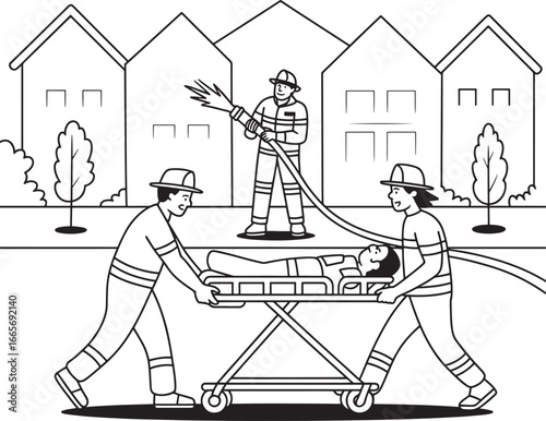 Firefighters rescue person from burning building with hose