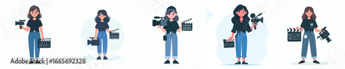 Female Videographer and Movie Director with Camera and Clapperboard – Flat Character Illustration