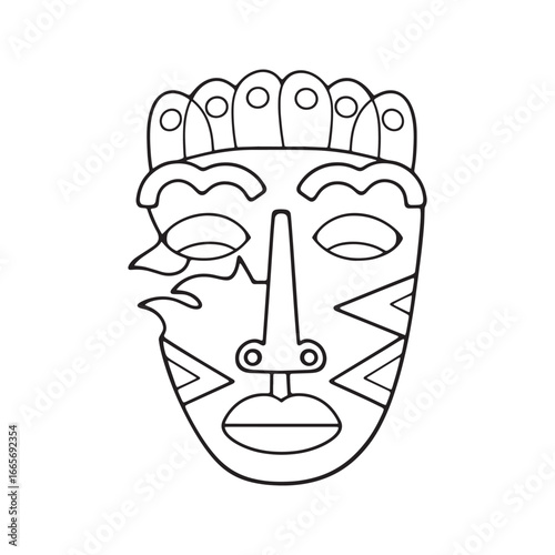 Modern abstract face mask illustration in a geometric cubist style. Black and white ethnic tribal line art vector for coloring.
