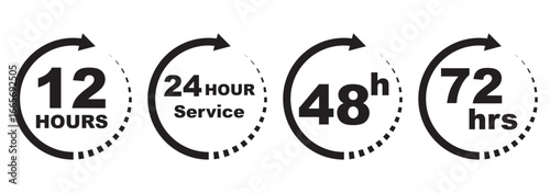 Black and white clock icons showing 7, 12, 24, 48, and 72 hour turnaround times. Watch and stopwatch, clock and alarm. Fast delivery and shipping stickers. Vector illustrations. Eps 10