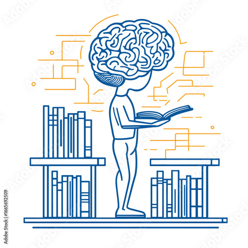 Single continuous line drawing of human brain standing and reading book for public library logo label
