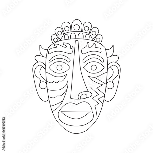 Modern abstract face mask illustration in a geometric cubist style. Black and white ethnic tribal line art vector for coloring.

