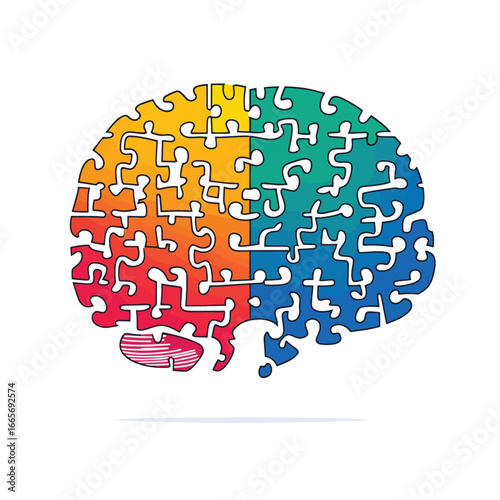 One single line drawing of human brain forming from pieces of puzzles logo identity