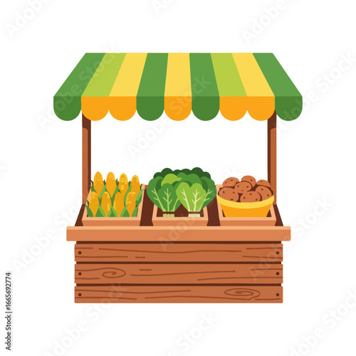 Colorful vector illustration of a farmers market stand with produce