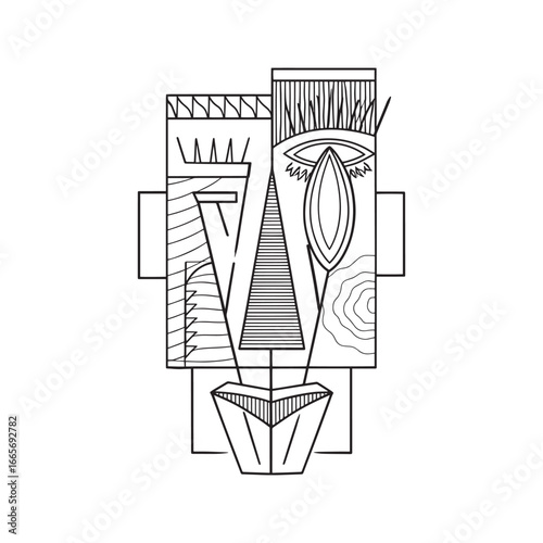 Abstract tribal mask line art illustration. Modern geometric face in a cubist style, black and white coloring page.
