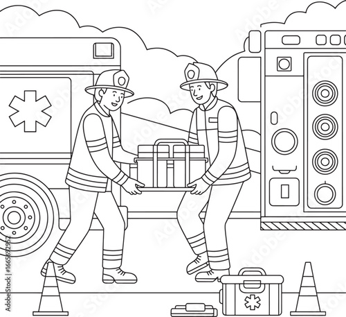 Firefighters working together next to an ambulance