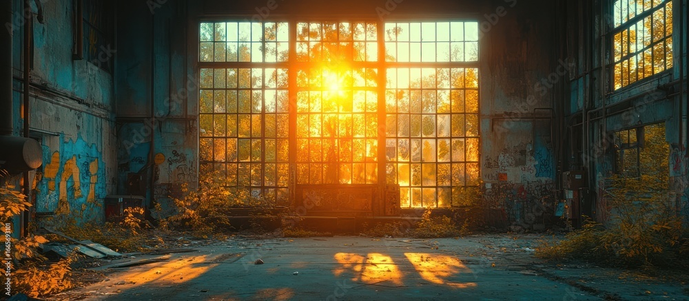 Naklejka premium Sunset illuminating abandoned factory interior.