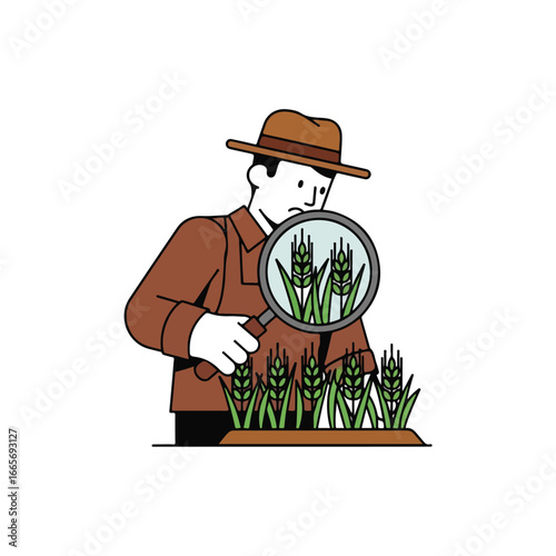 Farmer inspecting wheat crop with magnifying glass for quality control