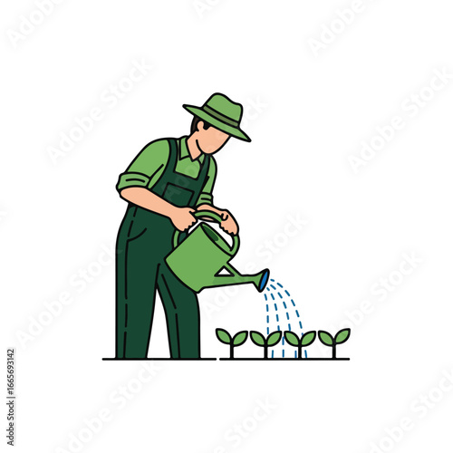 Farmer watering plants with watering can in a garden