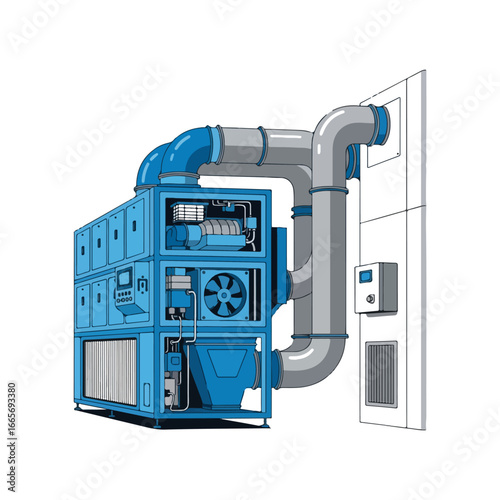 Industrial HVAC system with ductwork and control panel illustration