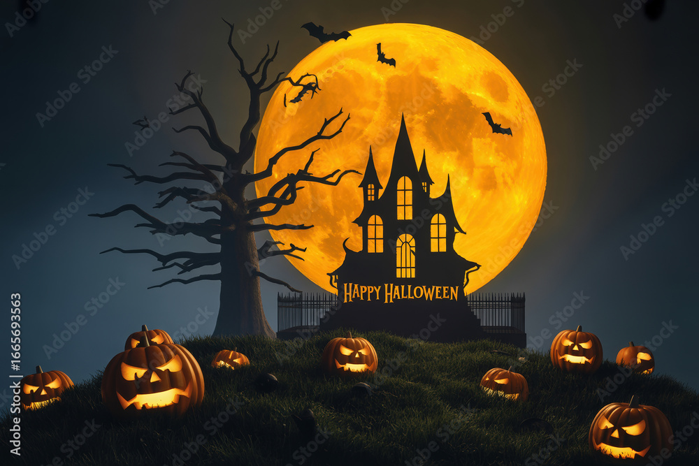 Fototapeta premium Festive Halloween Scene with Glowing Jack O Lanterns and a Haunted House Under a Bright Full Moon