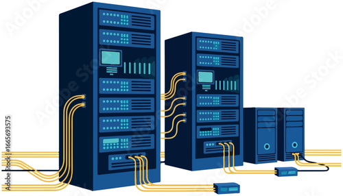 Network infrastructure with server racks and cable connections illustration