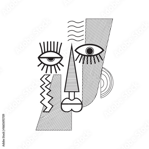 Abstract tribal mask line art illustration. Modern geometric face in a cubist style, black and white coloring page.

