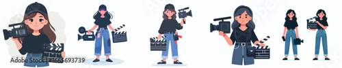 Female Videographer and Movie Director Vector Pack – Woman Holding Camera and Clapperboard for Film Production