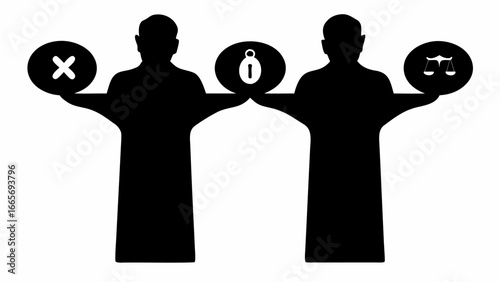 Two figures holding symbols of justice, security, and rejection in a black and white illustration silhouette