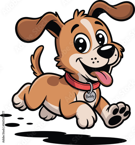 Cartoon dog running happily with tongue sticking out wearing collar and tag