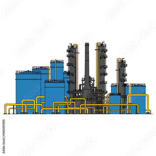 Stylized vector illustration of an industrial oil refinery plant
