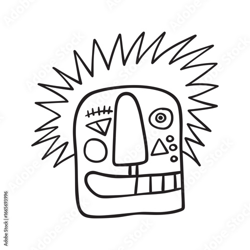 Hand-drawn abstract face illustration in a primitive, cubist style. Black and white sketch of a strange smiling character with spiky hair.
