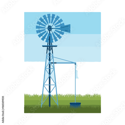 Vintage windmill and water well in a rural landscape