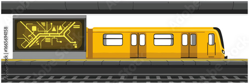 Yellow subway train at station with route map illustration