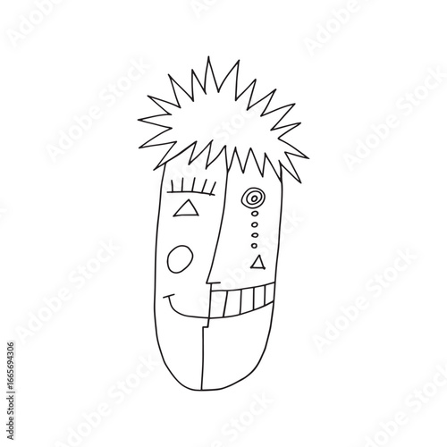 Hand-drawn abstract face illustration in a primitive, cubist style. Black and white sketch of a strange smiling character with spiky hair.
