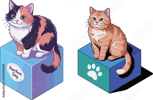 Two cute cartoon cats sitting on colorful cubes with pet designs