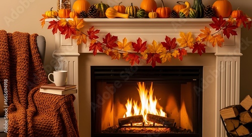 Autumn Fireplace Scene with Fall Decorations.