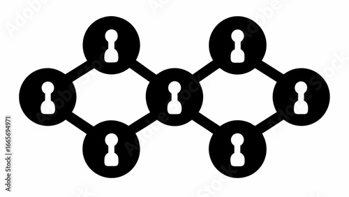 Black network of connected circles containing person icons on a white background forming a chain link design silhouette