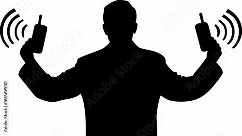 Silhouette of a person holding two cellphones with signal waves emanating from each device in black and white