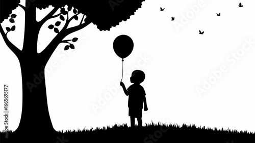Silhouette of a child holding a balloon standing near a tree with birds flying in the background outdoors