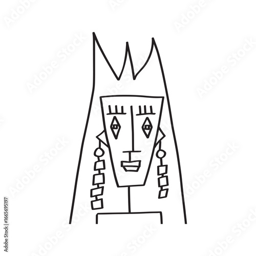Hand-drawn abstract portrait of a woman's face in a naive, geometric cubist style. Simple black and white line art sketch on a white background