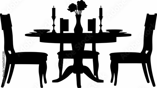 Silhouette of a dining table set with two chairs candles and a vase of flowers in a simple design
