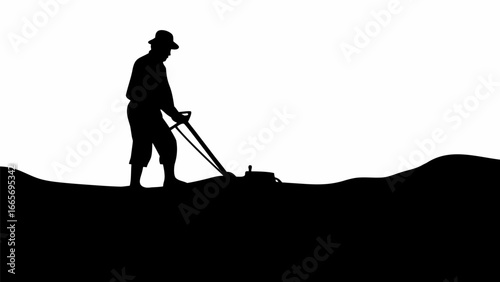 Silhouette of a farmer wearing a hat plowing a field with a plow on a white background in black and white