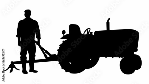 Silhouette of a farmer with a tractor and plow in a field ready for cultivation and planting crops