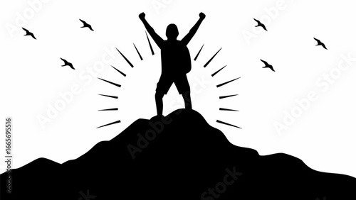 Silhouette of a triumphant hiker standing atop a mountain peak with birds and sun rays around him